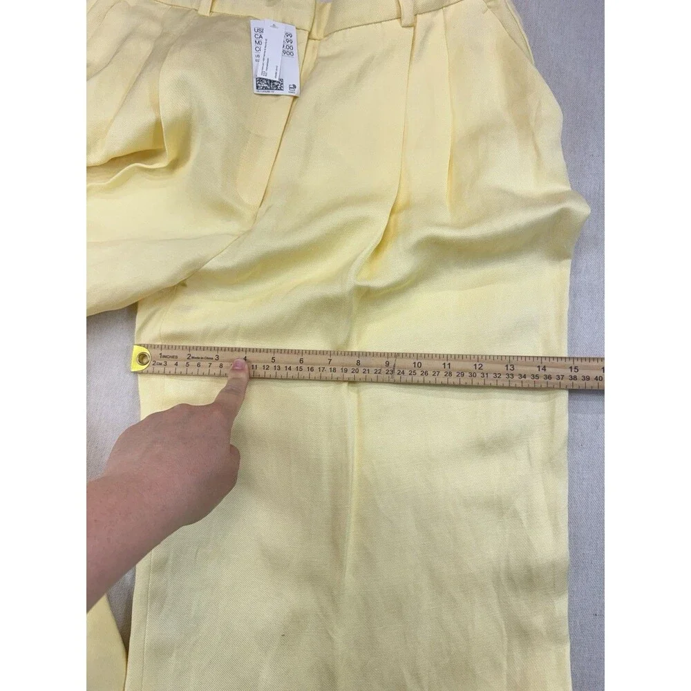 H&M Womens 14 Yellow Linen Blend Wide Leg Pleated Trousers Pants NWT